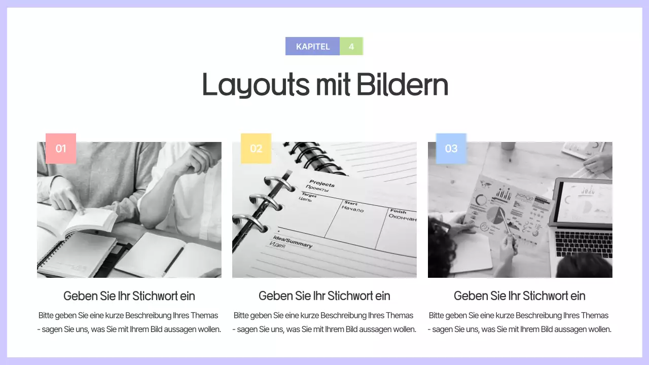 Prospekt mit einfachen Formen in Lila und Grau