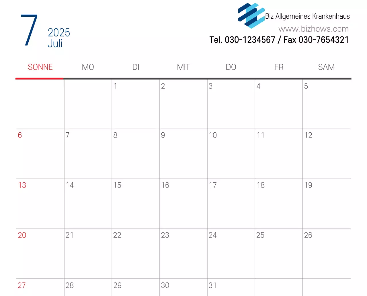 Marineblauer einfacher Krankenhaus-Werbekalender