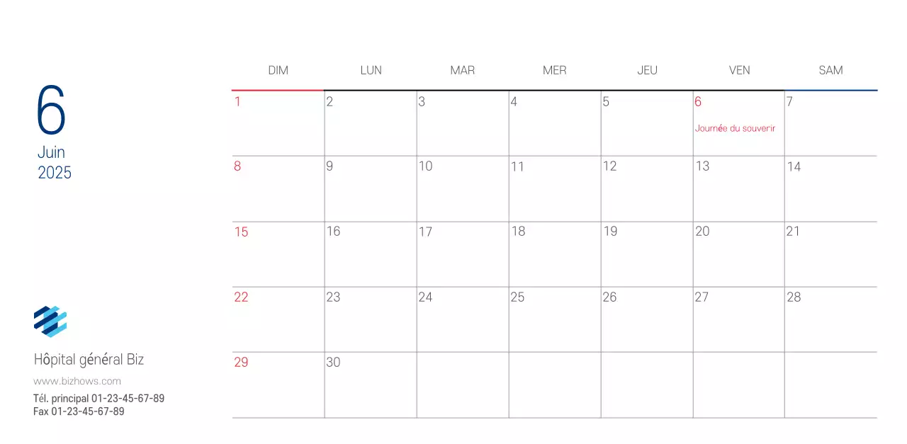 Calendrier promotionnel d'hôpital simple blanc marine