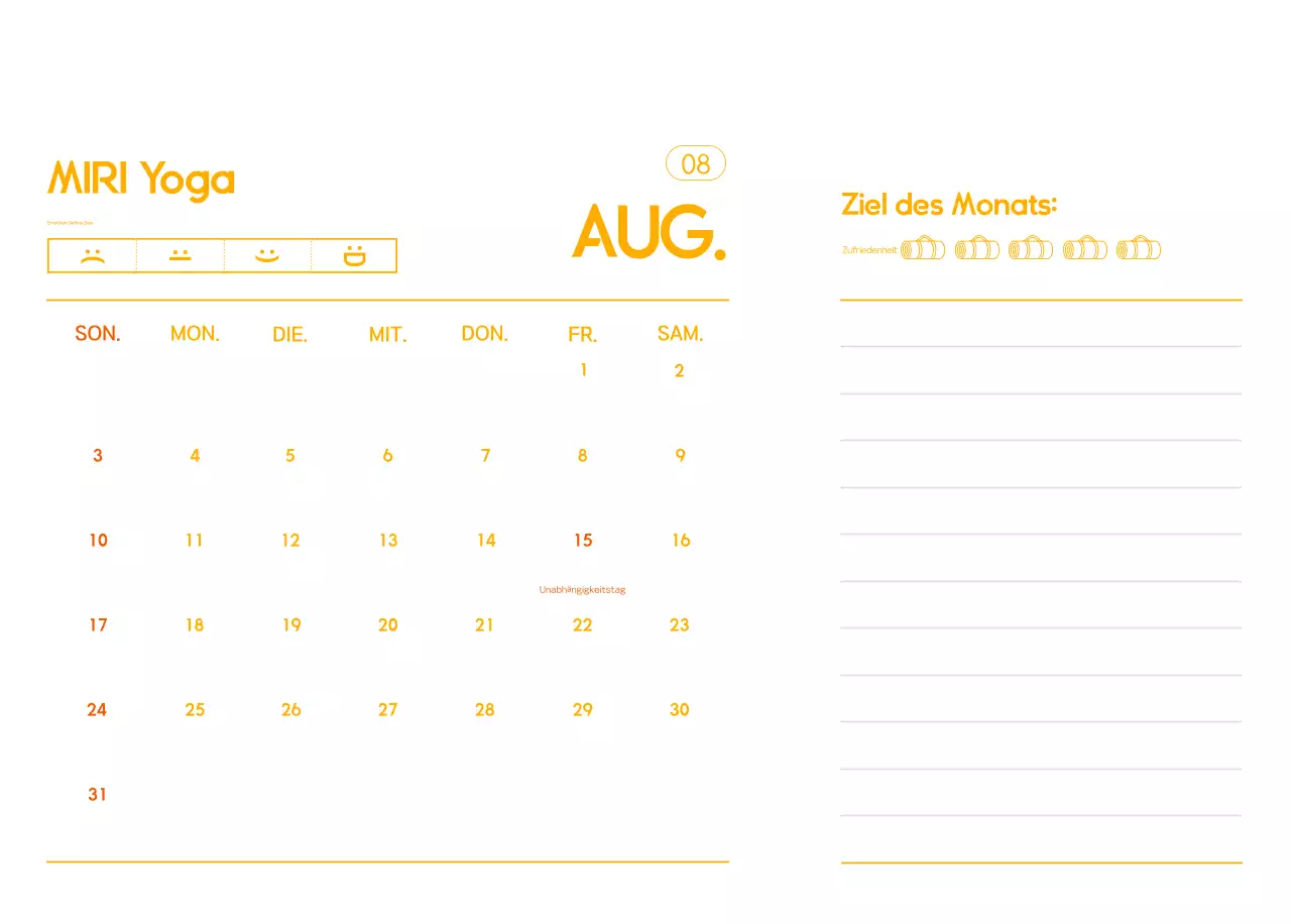 Orange Minimalistischer Yoga-Aktionskalender
