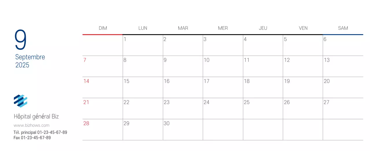 Calendrier promotionnel d'hôpital simple blanc marine