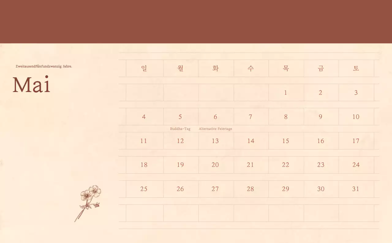 Ein sentimentaler Blumenkalender in hellbraunem und braunem Wollpapierkonzept