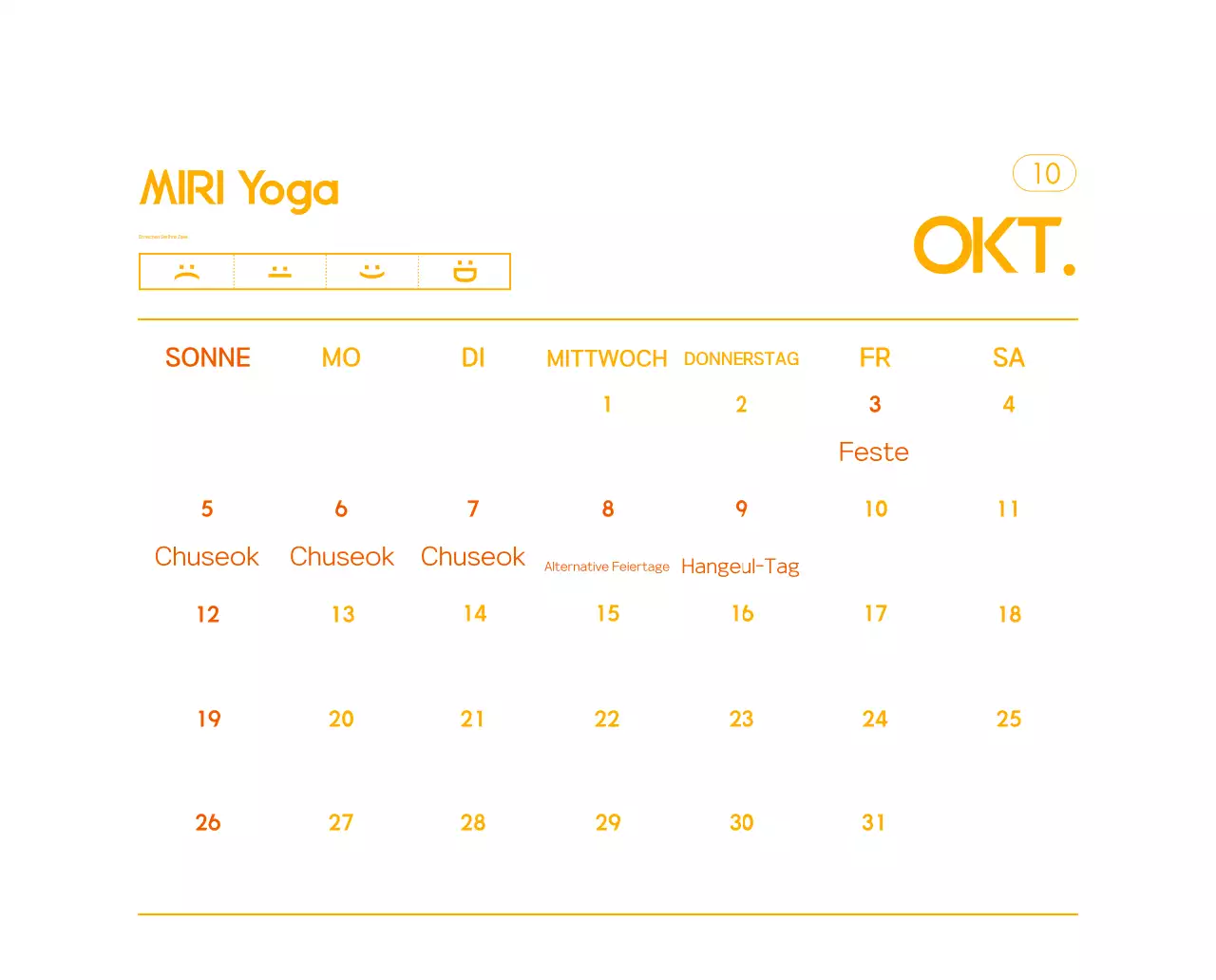 Orange Minimalistischer Yoga-Aktionskalender