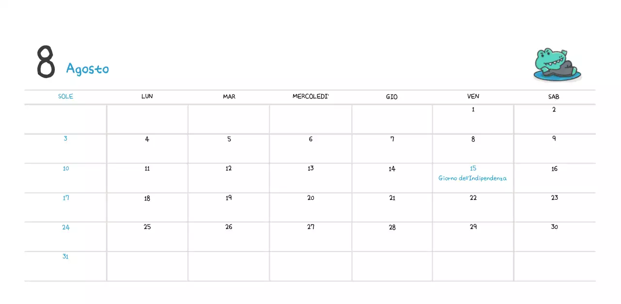 Un calendario con un simpatico concetto di illustrazione di Ago