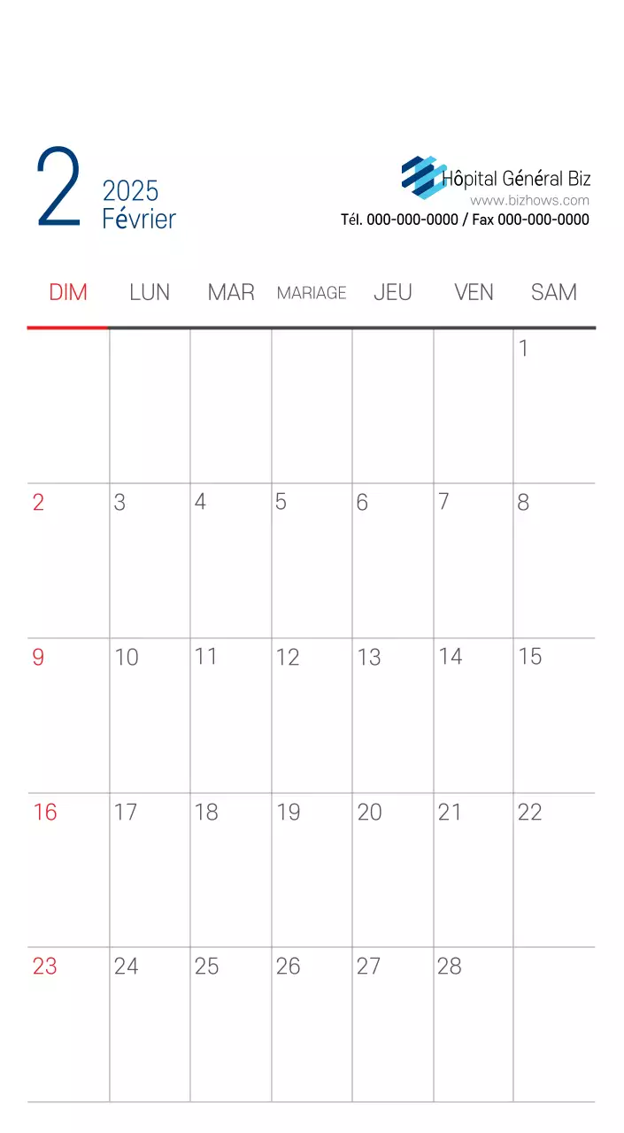 Calendrier promotionnel d'hôpital simple blanc marine