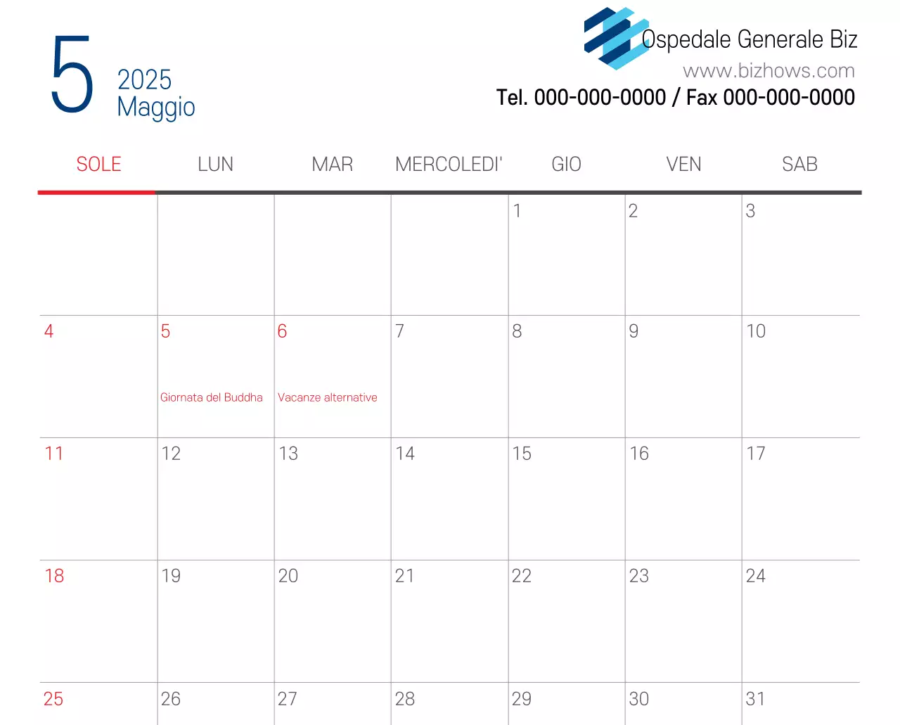 Calendario promozionale dell'ospedale semplice, bianco e blu