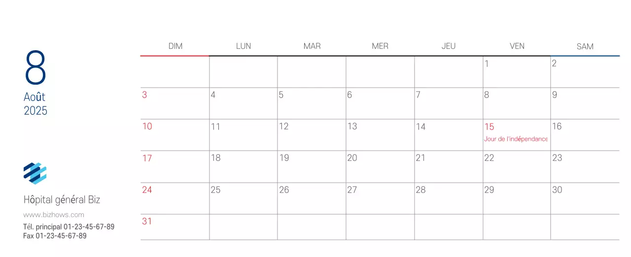 Calendrier promotionnel d'hôpital simple blanc marine