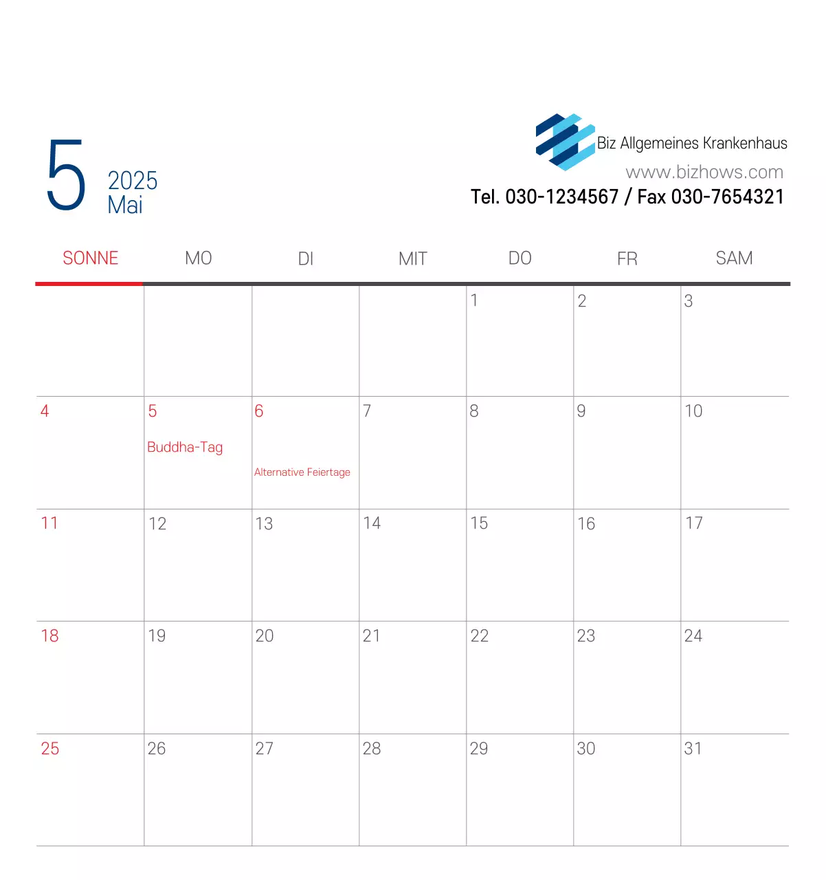 Marineblauer einfacher Krankenhaus-Werbekalender