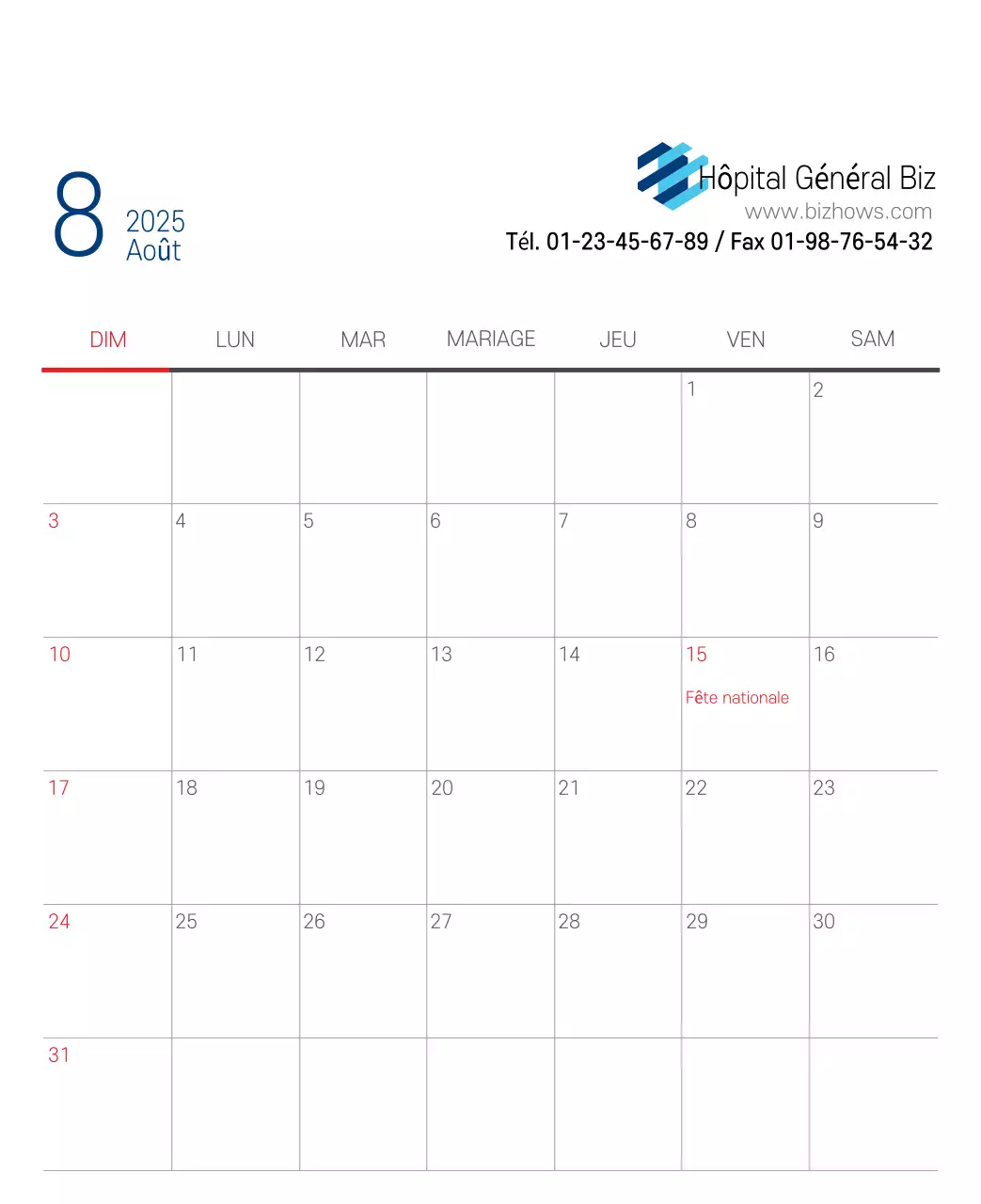 Calendrier promotionnel d'hôpital simple blanc marine