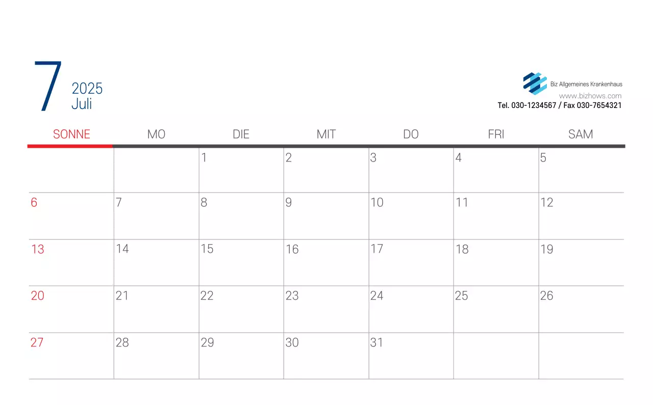 Marineblauer einfacher Krankenhaus-Werbekalender