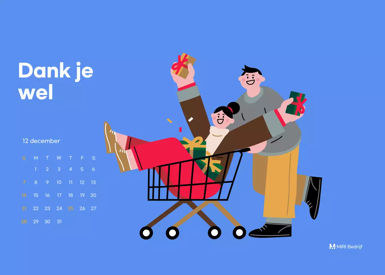Motiverende kalender met energieke illustraties en positieve citaten op een lichtblauwe achtergrond