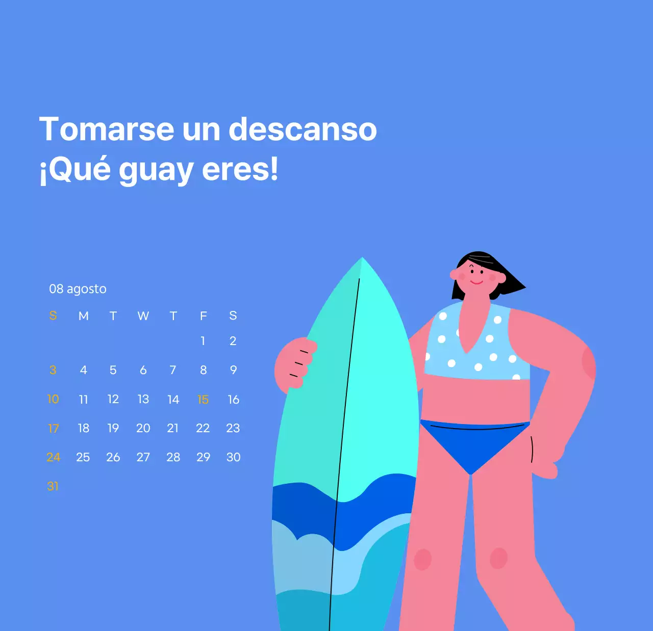 Calendario motivacional con ilustraciones llenas de energía y citas positivas sobre fondo azul claro