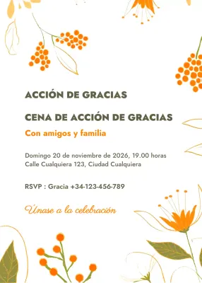 Invitación Acción de Gracias Floral Blanco Naranja