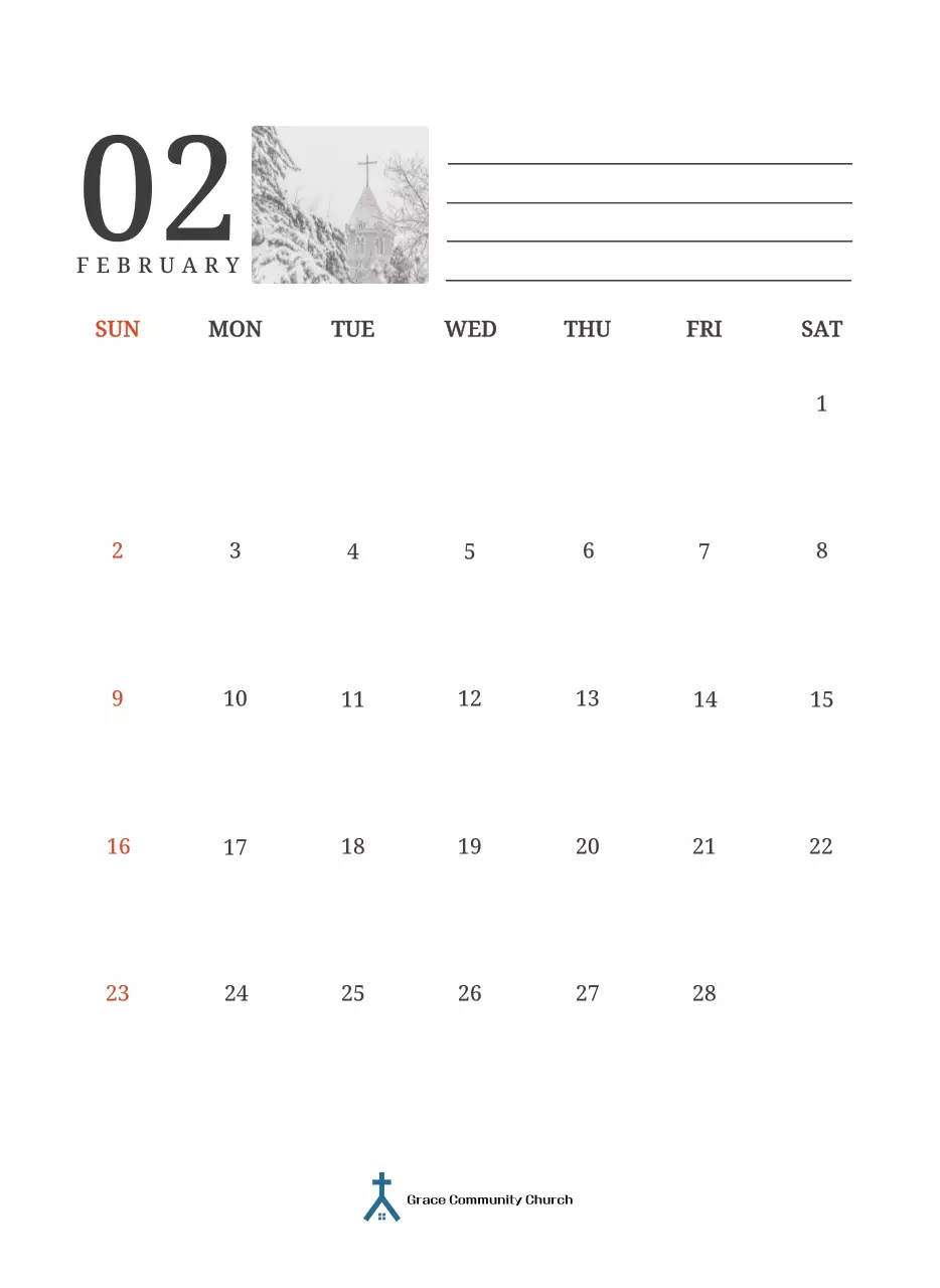 Kalender konsep fotografis yang menampilkan gereja dalam lukisan lanskap