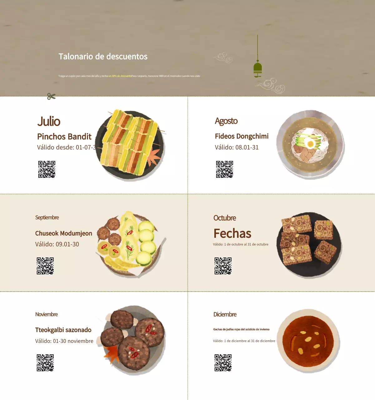 Calendario de comidas tradicionales en beige