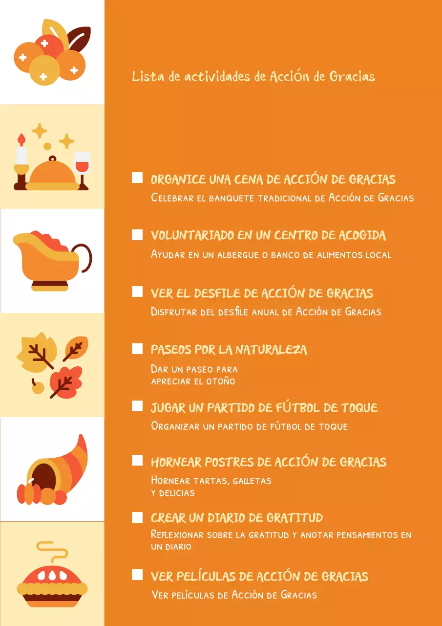 Lista de comprobación de la fiesta tradicional naranja de Acción de Gracias