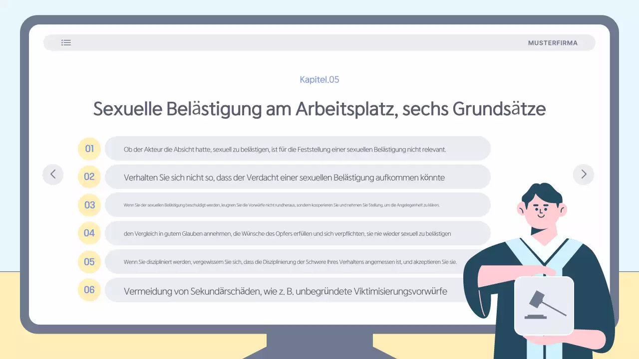 Einfaches, hellblaues Schulungsmaterial zur Prävention von Belästigung am Arbeitsplatz
