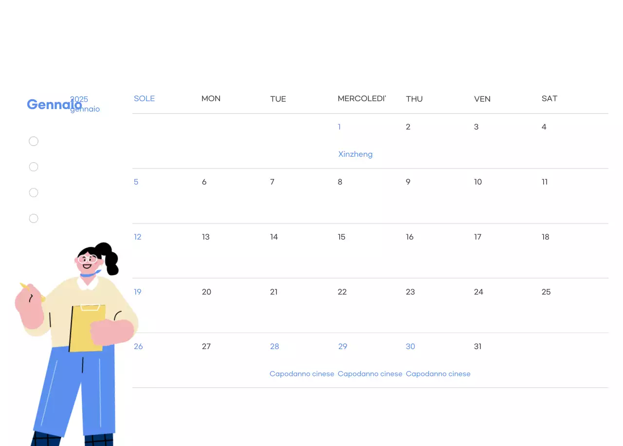 Calendario motivazionale con illustrazioni energetiche e citazioni positive su sfondo azzurro