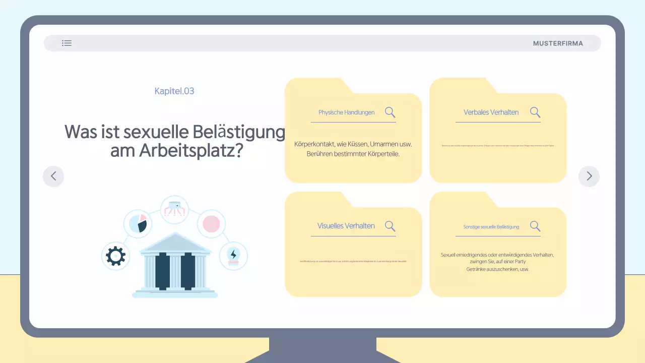 Einfaches, hellblaues Schulungsmaterial zur Prävention von Belästigung am Arbeitsplatz