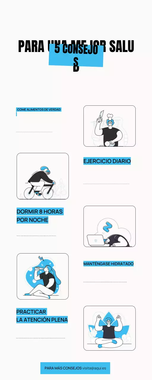 5 CONSEJOS PARA MEJORAR LA SALUD ILUSTRACIÓN DIVERTIDA INFOGRAFÍA SENCILLA Y AUDAZ