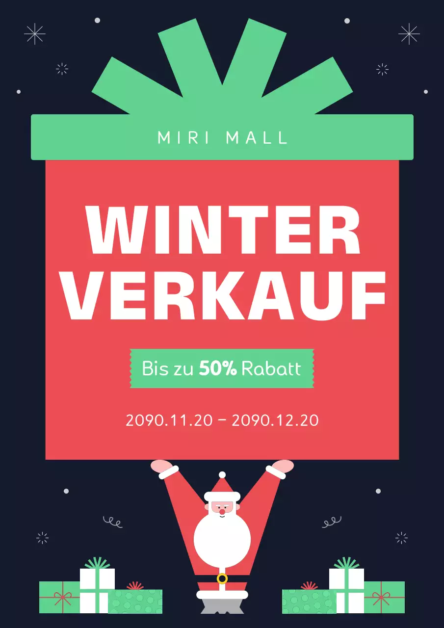 Werbung für einen kitschigen Winterschlussverkauf in Rot und Grün