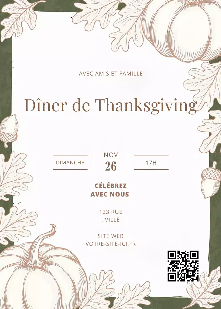Invitation à un dîner de Thanksgiving en vert et blanc