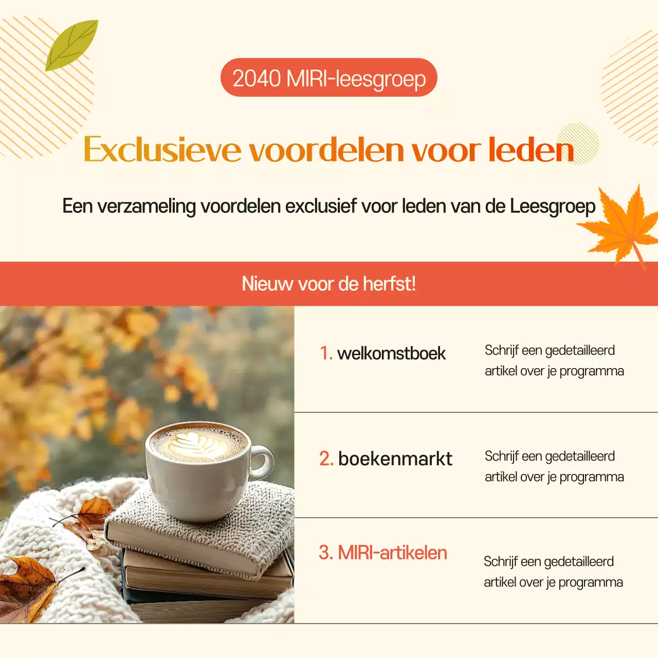 Een schattige oranje en gele herfst advertentie voor de werving van boekenclubs