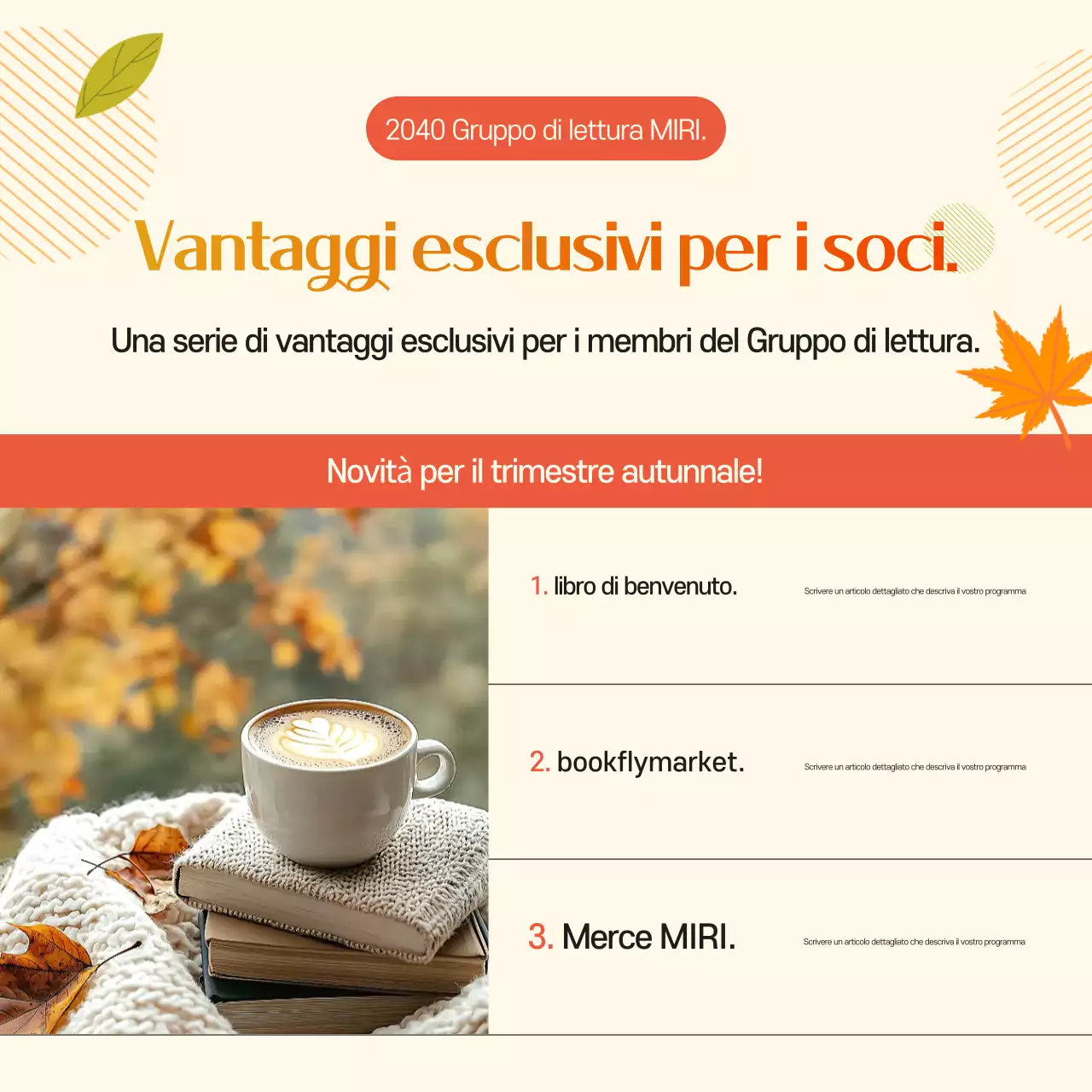 Un simpatico annuncio autunnale arancione e giallo per il reclutamento di un club del libro