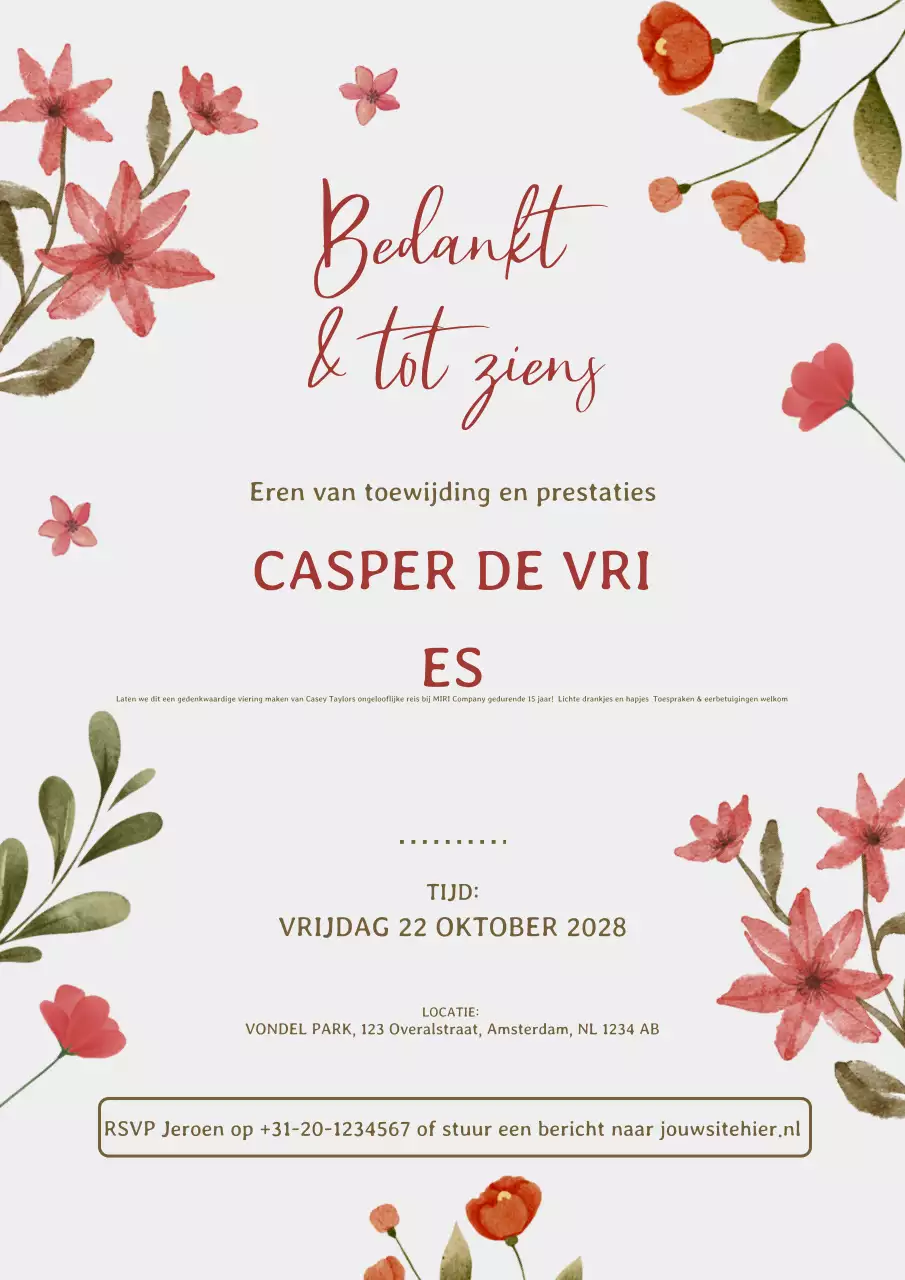 Sierlijke uitnodiging met bloemen Afscheid bedankt en tot ziens