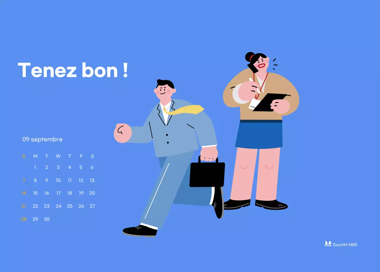 Calendrier de motivation avec des illustrations énergiques et des citations positives sur un fond bleu clair