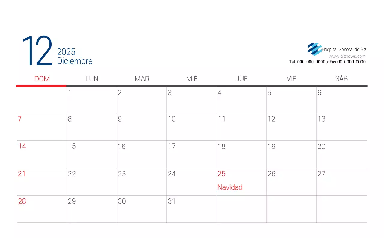 Calendario Promocional Hospital Navy White Simple