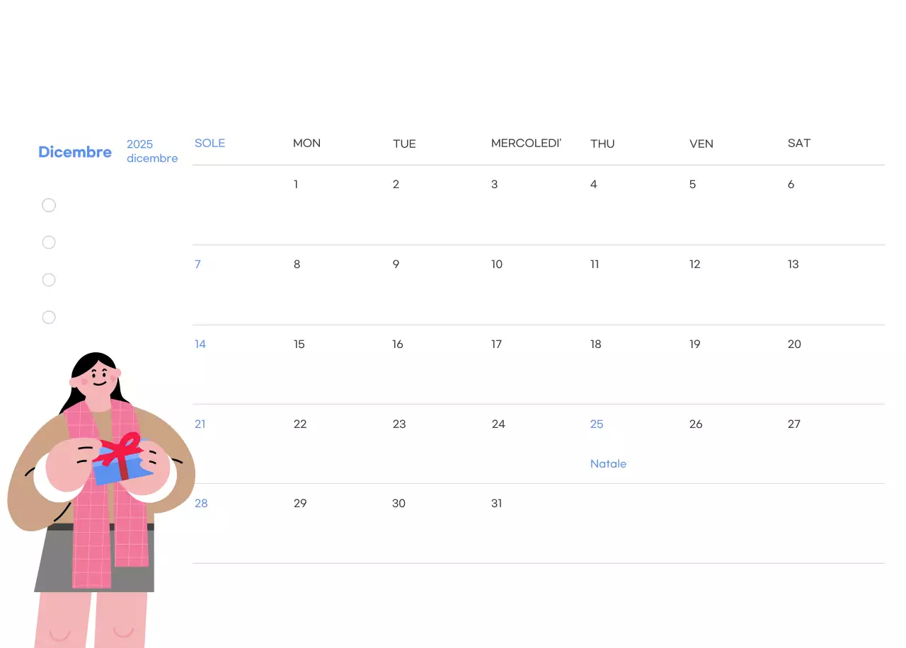 Calendario motivazionale con illustrazioni energetiche e citazioni positive su sfondo azzurro