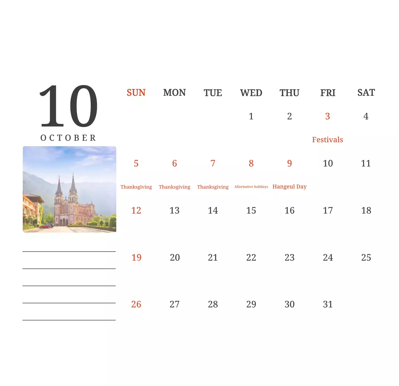 Kalender konsep fotografis yang menampilkan gereja dalam lukisan lanskap