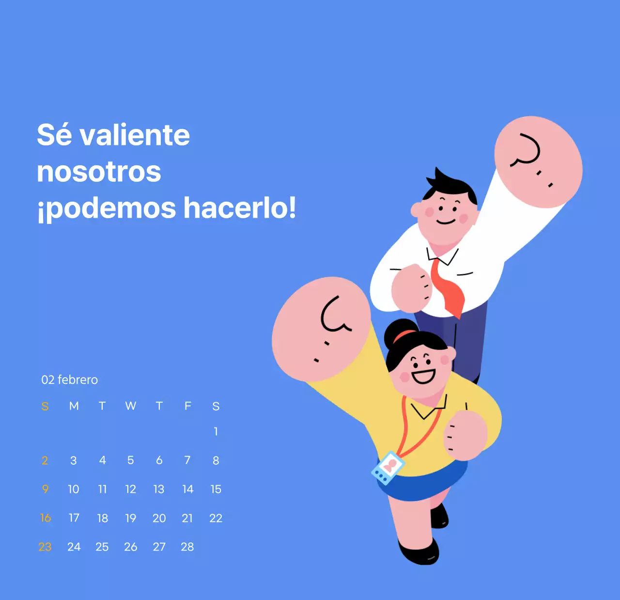 Calendario motivacional con ilustraciones llenas de energía y citas positivas sobre fondo azul claro