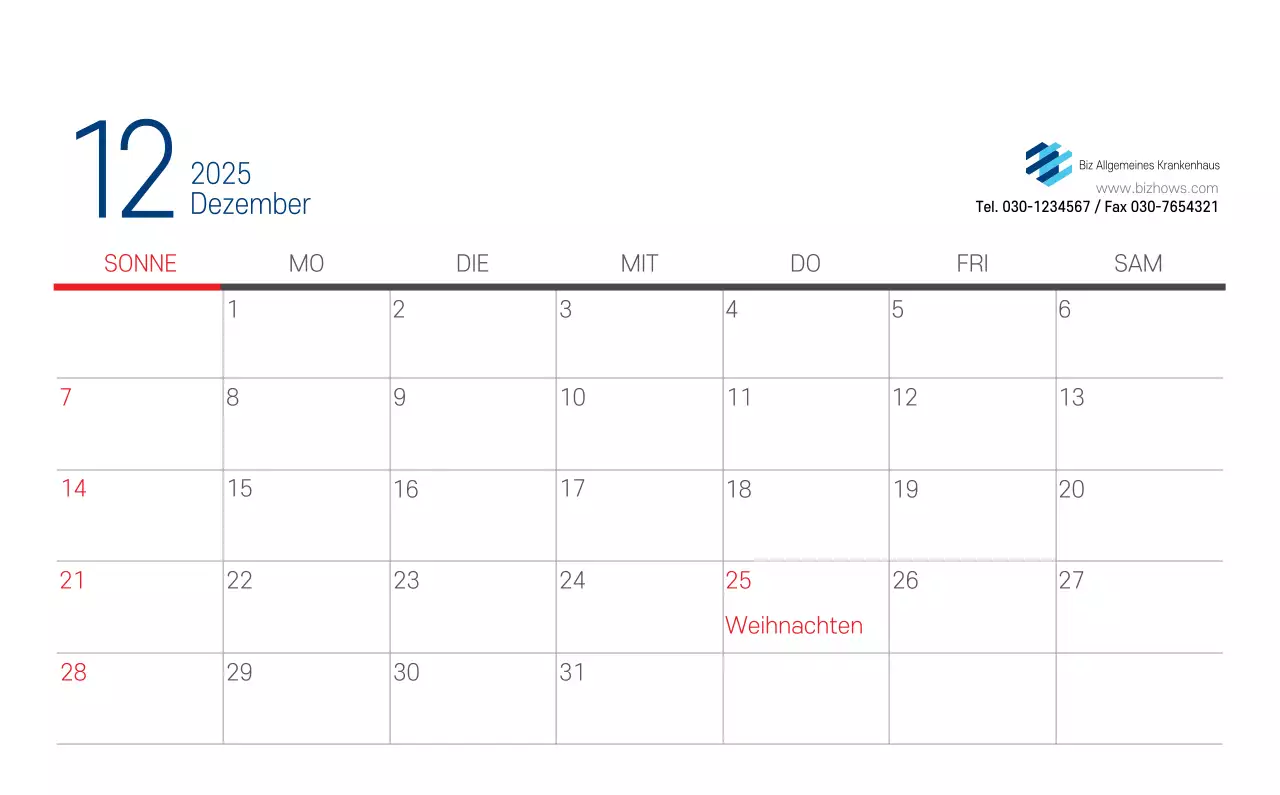 Marineblauer einfacher Krankenhaus-Werbekalender