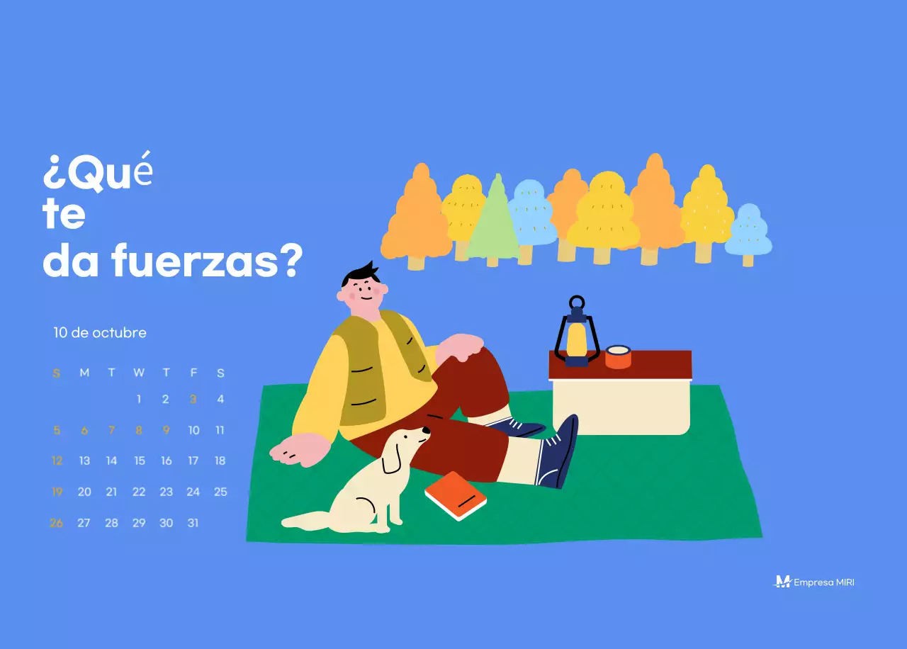 Calendario motivacional con ilustraciones llenas de energía y citas positivas sobre fondo azul claro