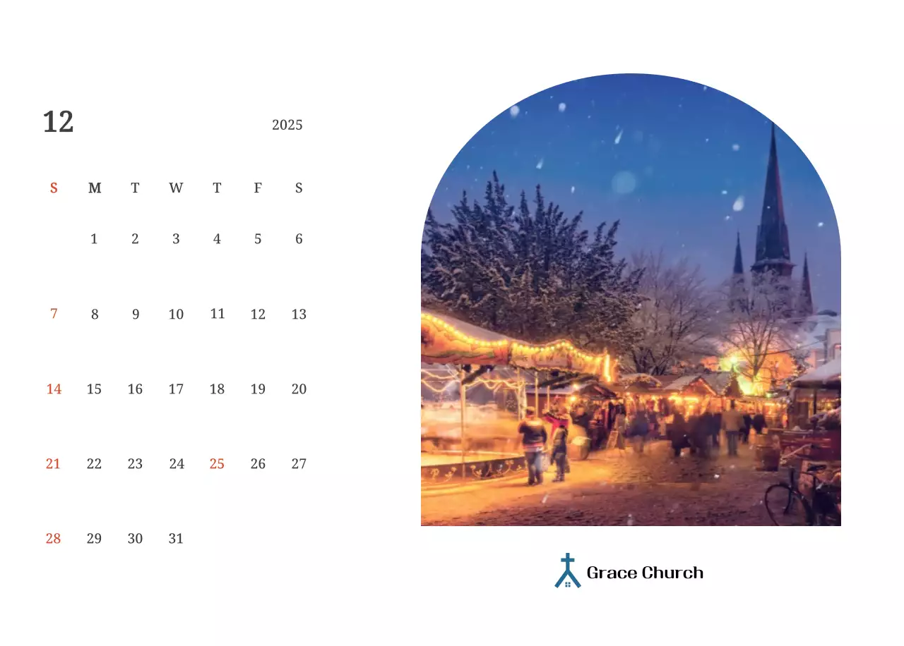 Kalender konsep fotografis yang menampilkan gereja dalam lukisan lanskap