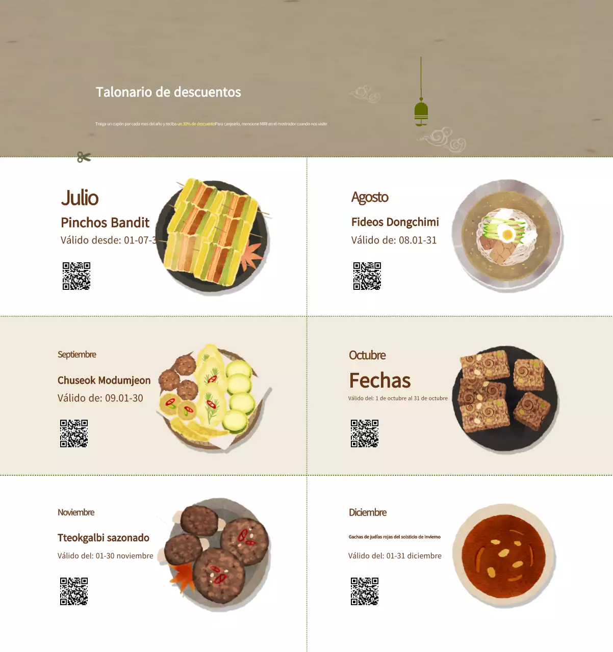 Calendario de comidas tradicionales en beige