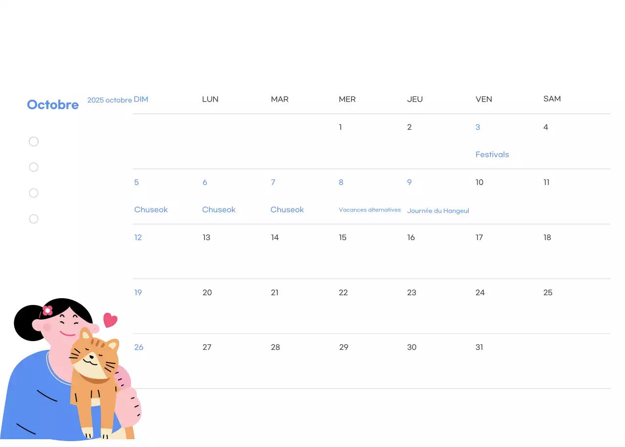 Calendrier de motivation avec des illustrations énergiques et des citations positives sur un fond bleu clair