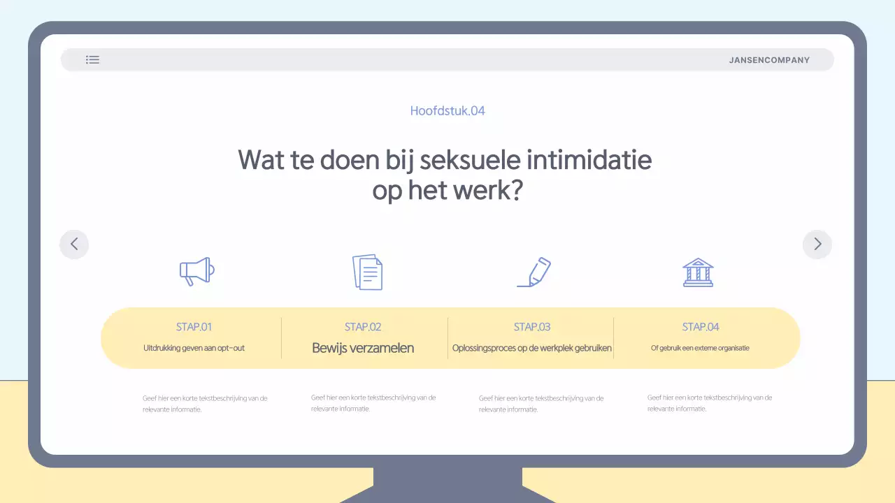 Eenvoudig, lichtblauw trainingsmateriaal voor preventie van intimidatie op de werkplek