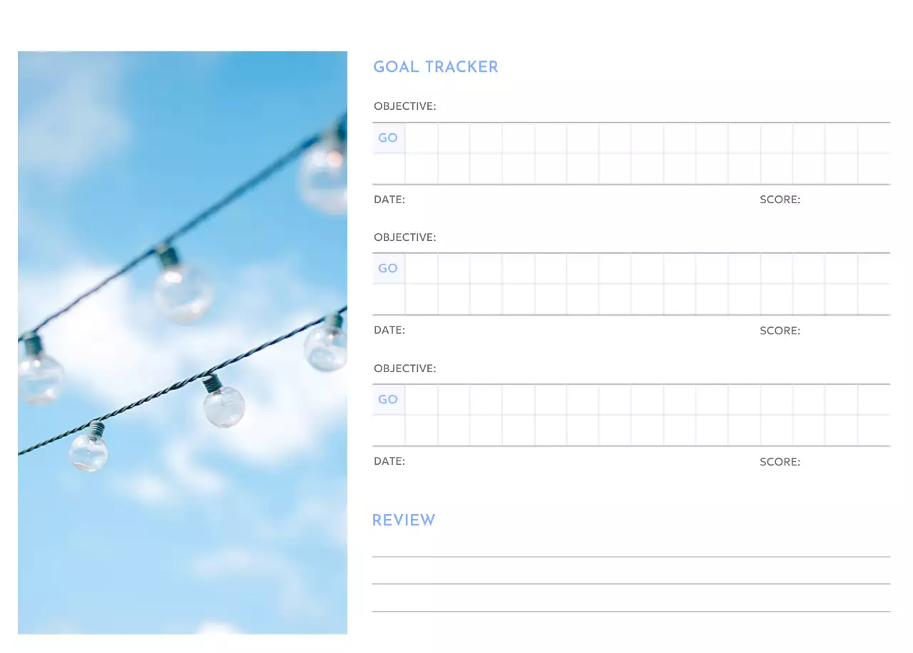 Photo goal tracker calendar with a splash of blue
