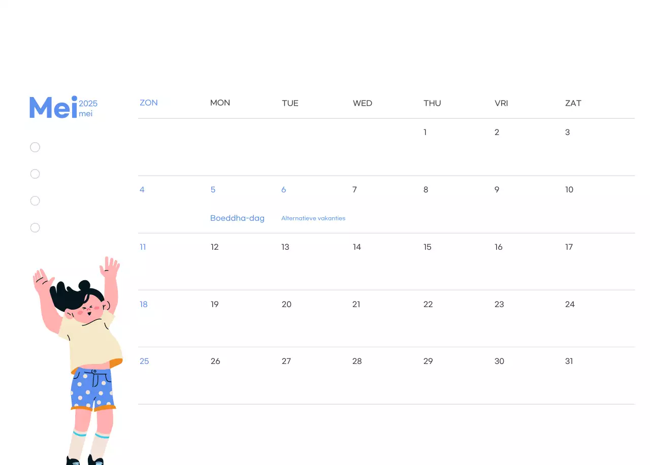Motiverende kalender met energieke illustraties en positieve citaten op een lichtblauwe achtergrond