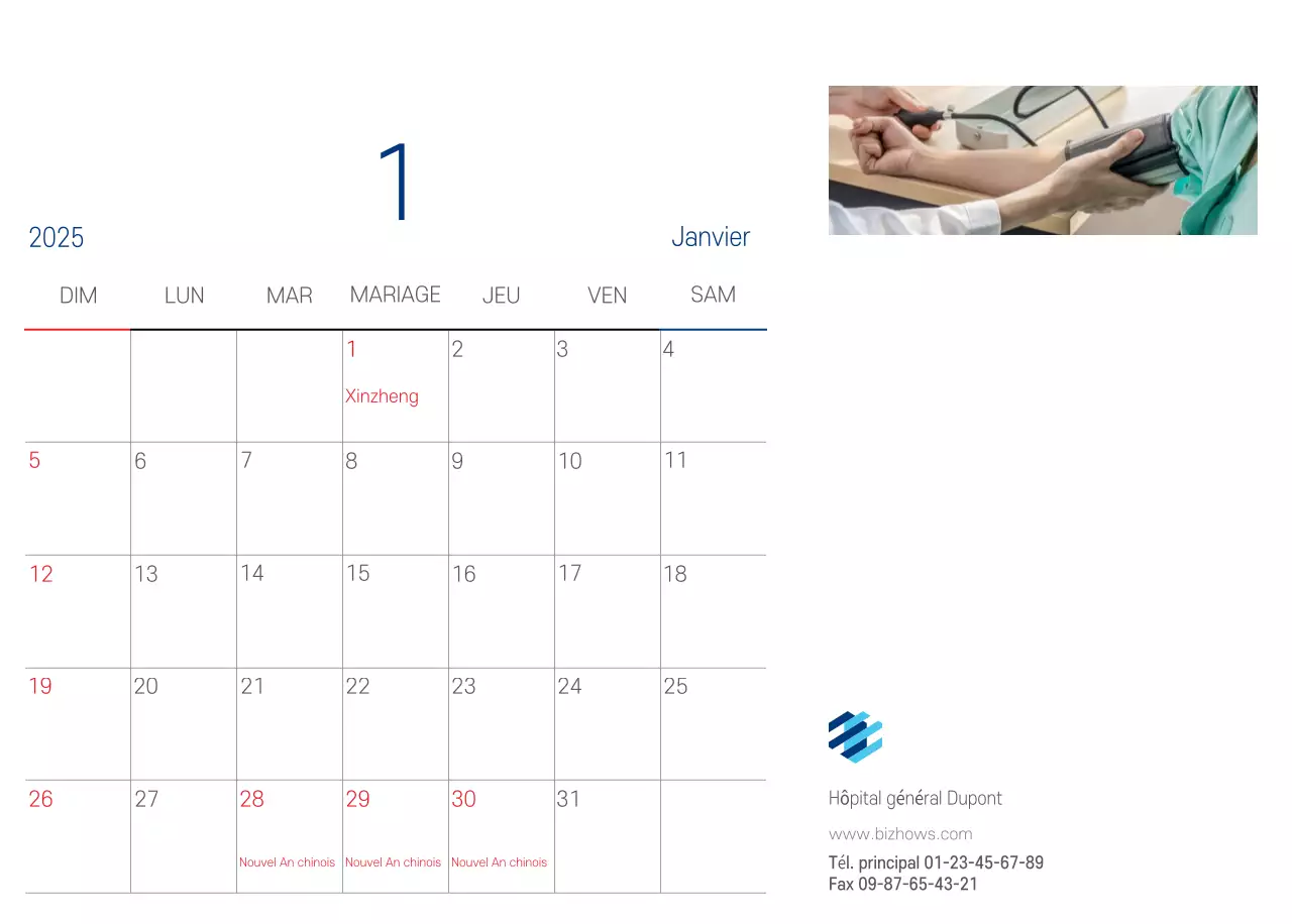 Calendrier promotionnel d'hôpital simple blanc marine