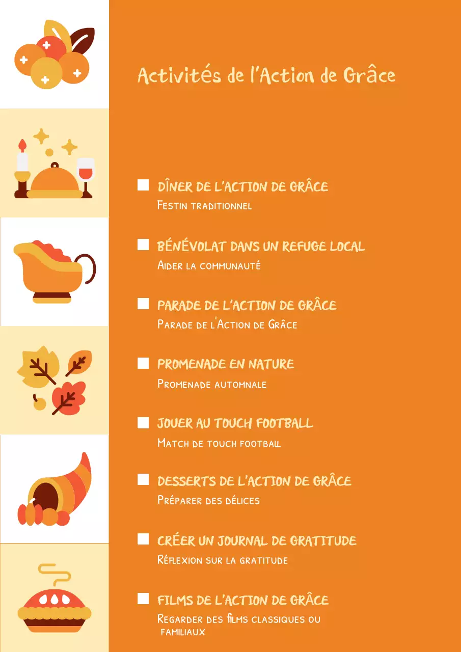 Liste de contrôle des fêtes traditionnelles de Thanksgiving en orange