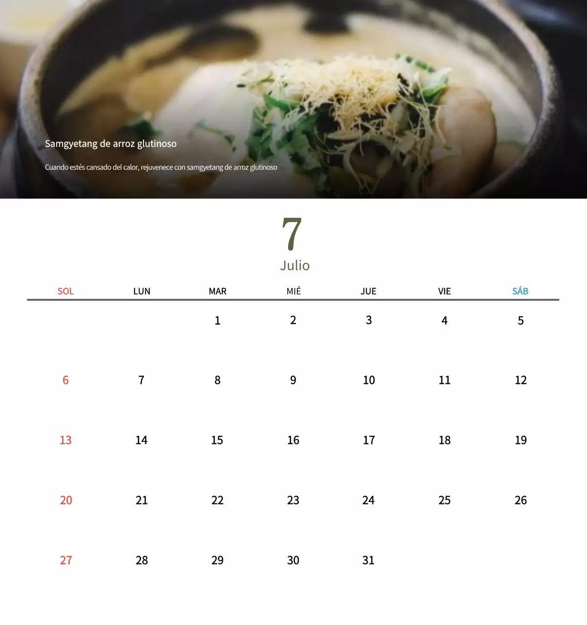 Calendario de comidas tradicionales en beige