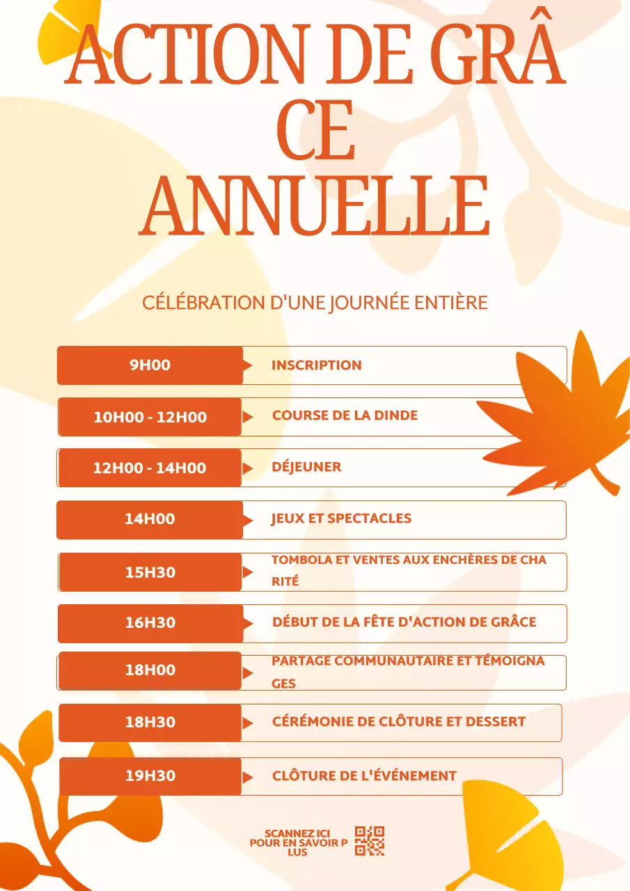 Affiche de l'horaire de la campagne de sensibilisation à l'Action de grâces en orange et blanc