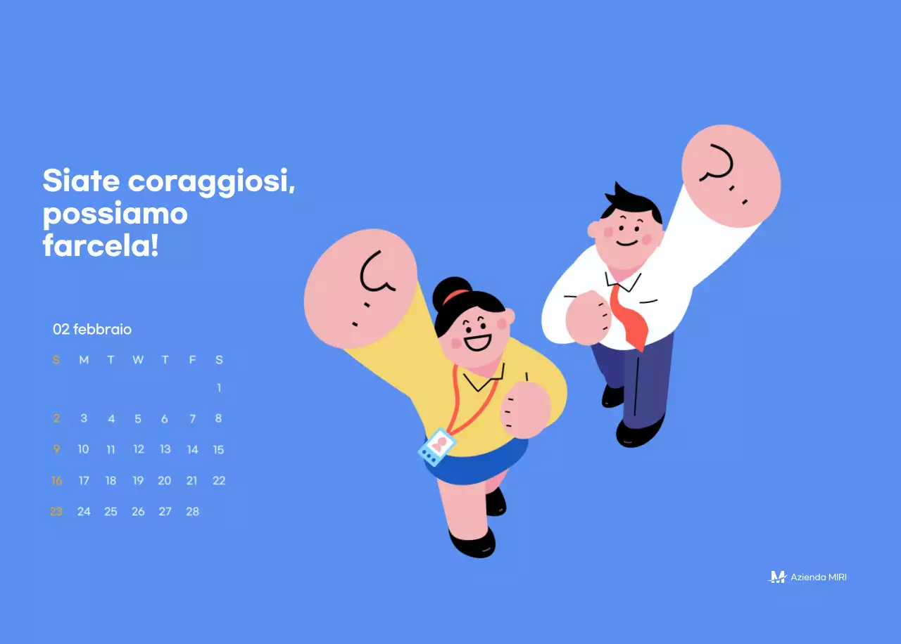 Calendario motivazionale con illustrazioni energetiche e citazioni positive su sfondo azzurro