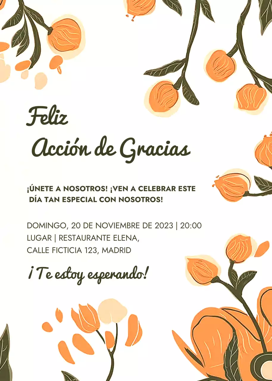 Invitación Acción de Gracias Floral Blanco Naranja