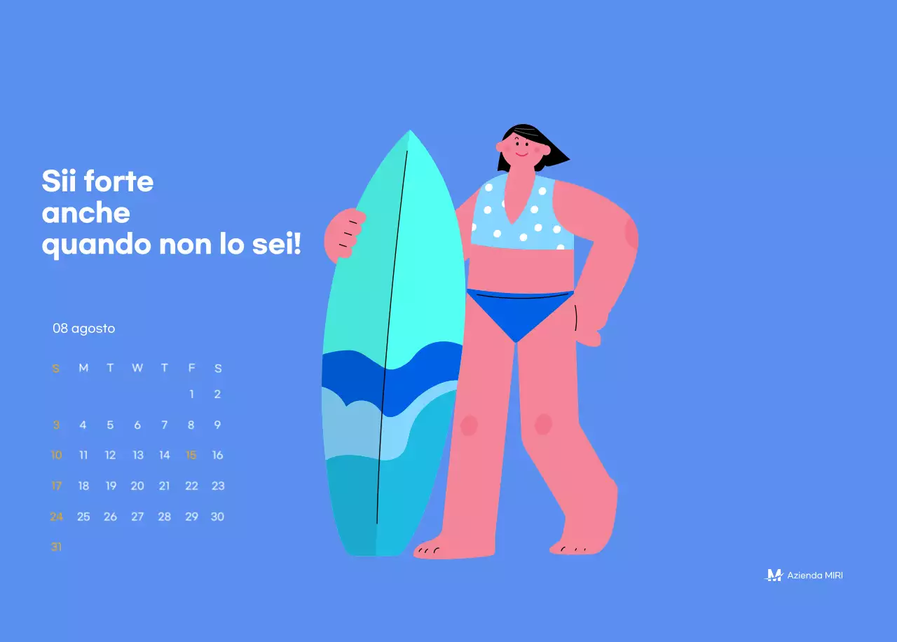 Calendario motivazionale con illustrazioni energetiche e citazioni positive su sfondo azzurro