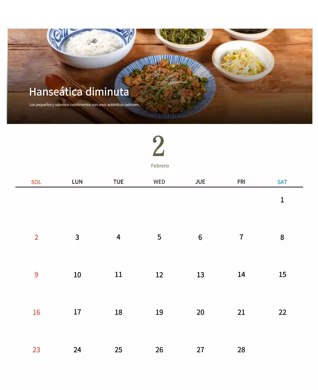 Calendario de comidas tradicionales en beige